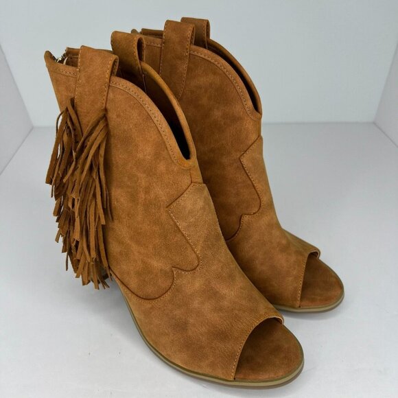 Comfort Womens Brown Fringe Faux Suede Peep Toe Block Heel Size 8 Ankle Bootie - Picture 2 of 9